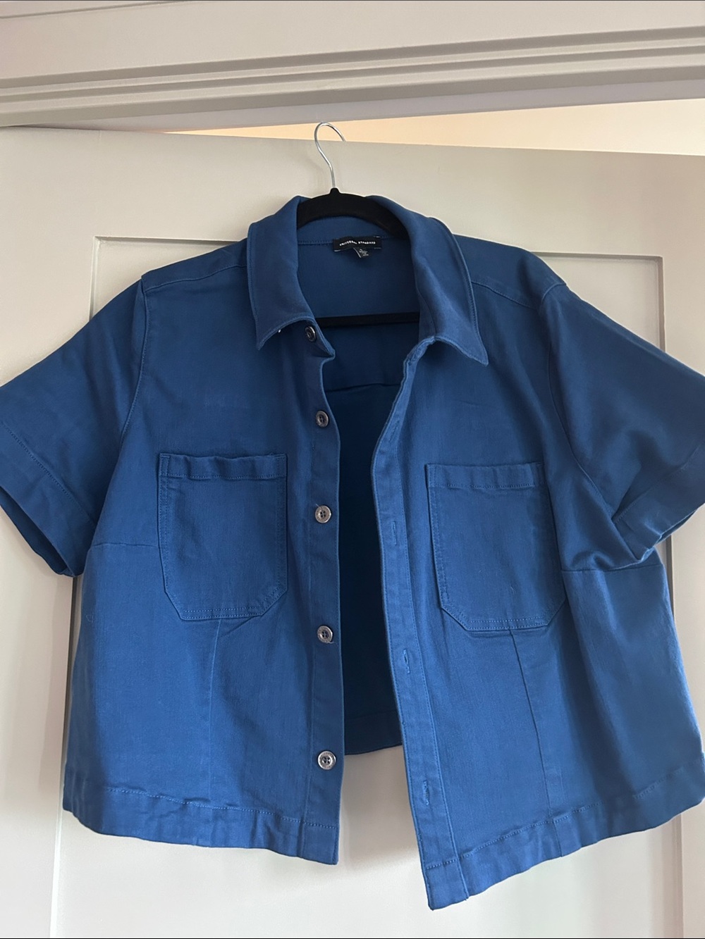Universal Standard Short-Sleeve Button Front Shirt Jacket in Blue